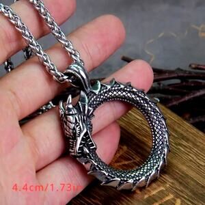 Men's Silver Tone Dragon Circle Ouroboros Pendant Necklace 24" Chain Fantasy
